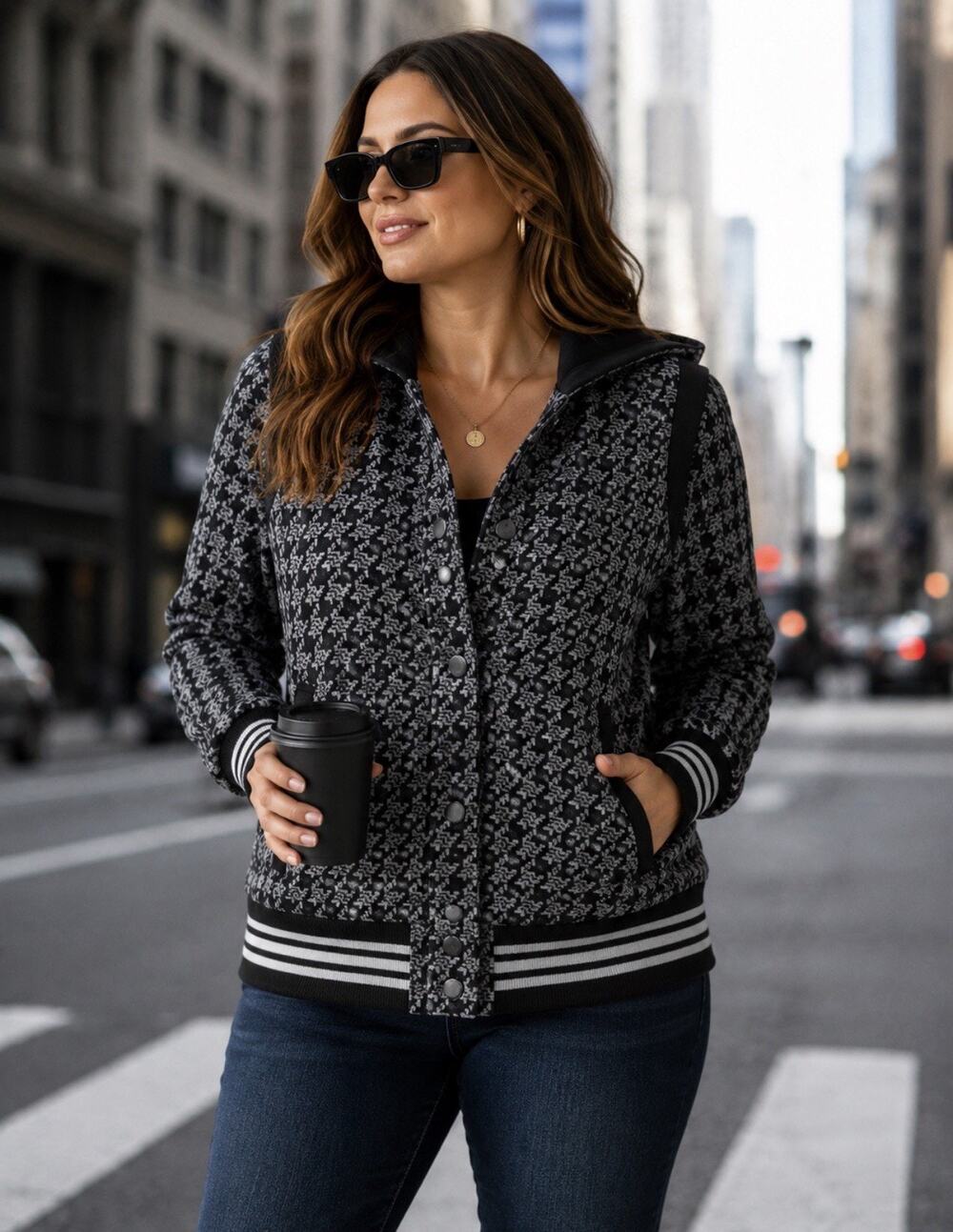 Torrid Hooded Bomber Jacket Size 0/L 12 Black/Gray Houndstooth Snap Front